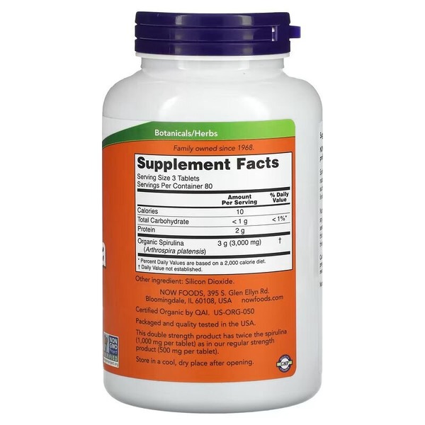 Натуральная добавка NOW Spirulina 1000 mg Certified Organic, 240 таблеток. Фото 2