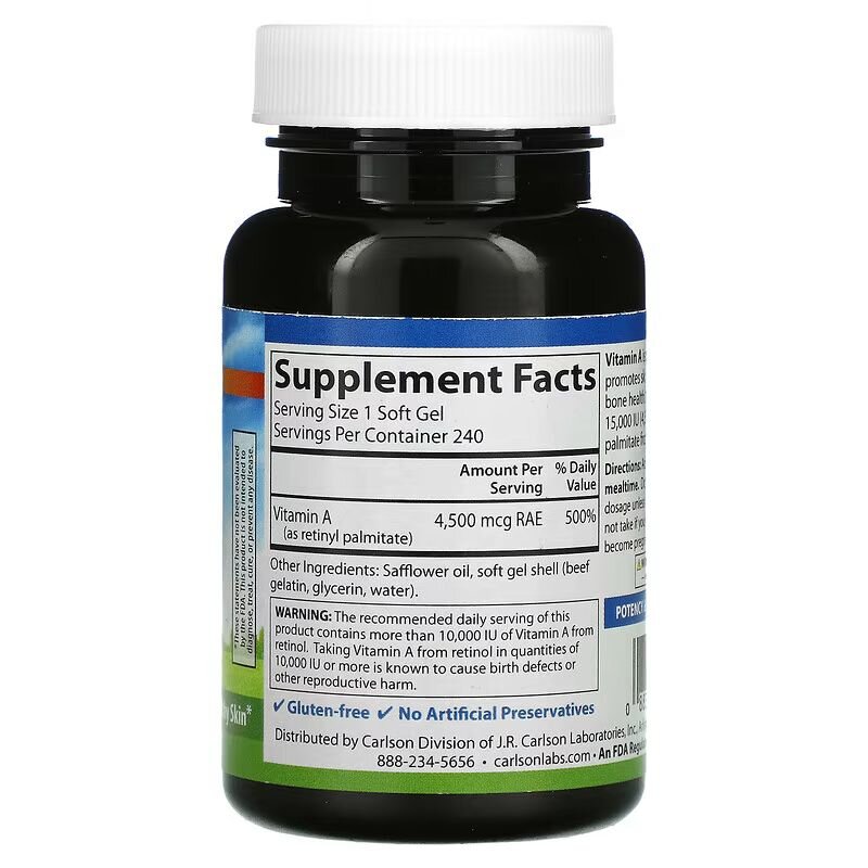 Витамины и минералы Carlson Labs Vitamin A 15000 IU, 240 капсул. Фото 2