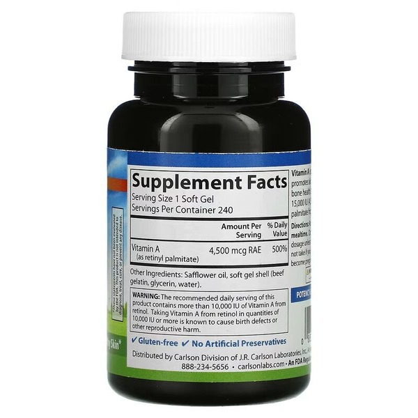Витамины и минералы Carlson Labs Vitamin A 15000 IU, 240 капсул. Фото 2