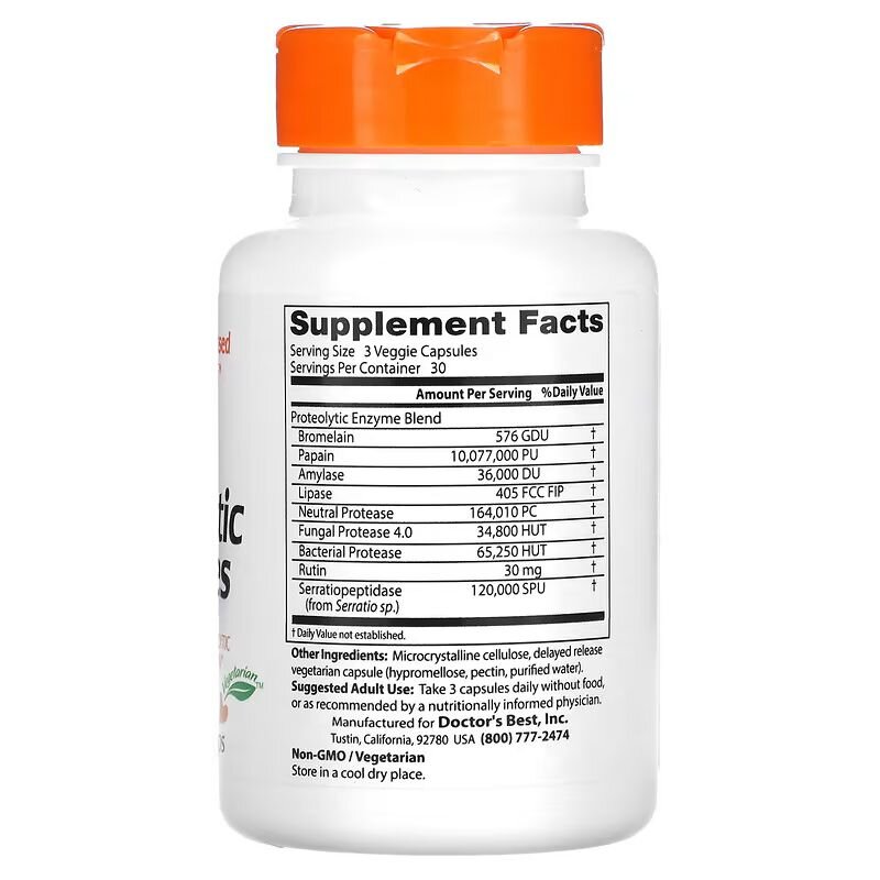 Протеолитические ферменты Doctor's Best Proteolytic Enzymes, 90 вегакапсул. Фото 2