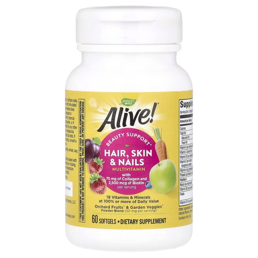 Вітаміни та мінерали Nature's Way Alive! Hair, Skin & Nails, 60 капсул для підтримки волосся, шкіри та нігтів. Фото 3