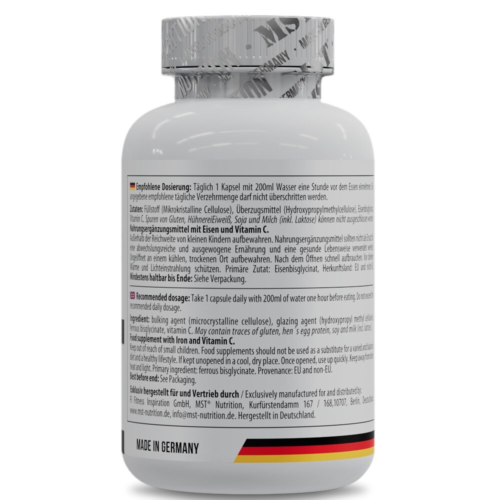 Вітамін С та залізо MST Nutrition Iron Bisglycinate, 120 капсул для профілактики залізодефіцитної анемії. Фото 3
