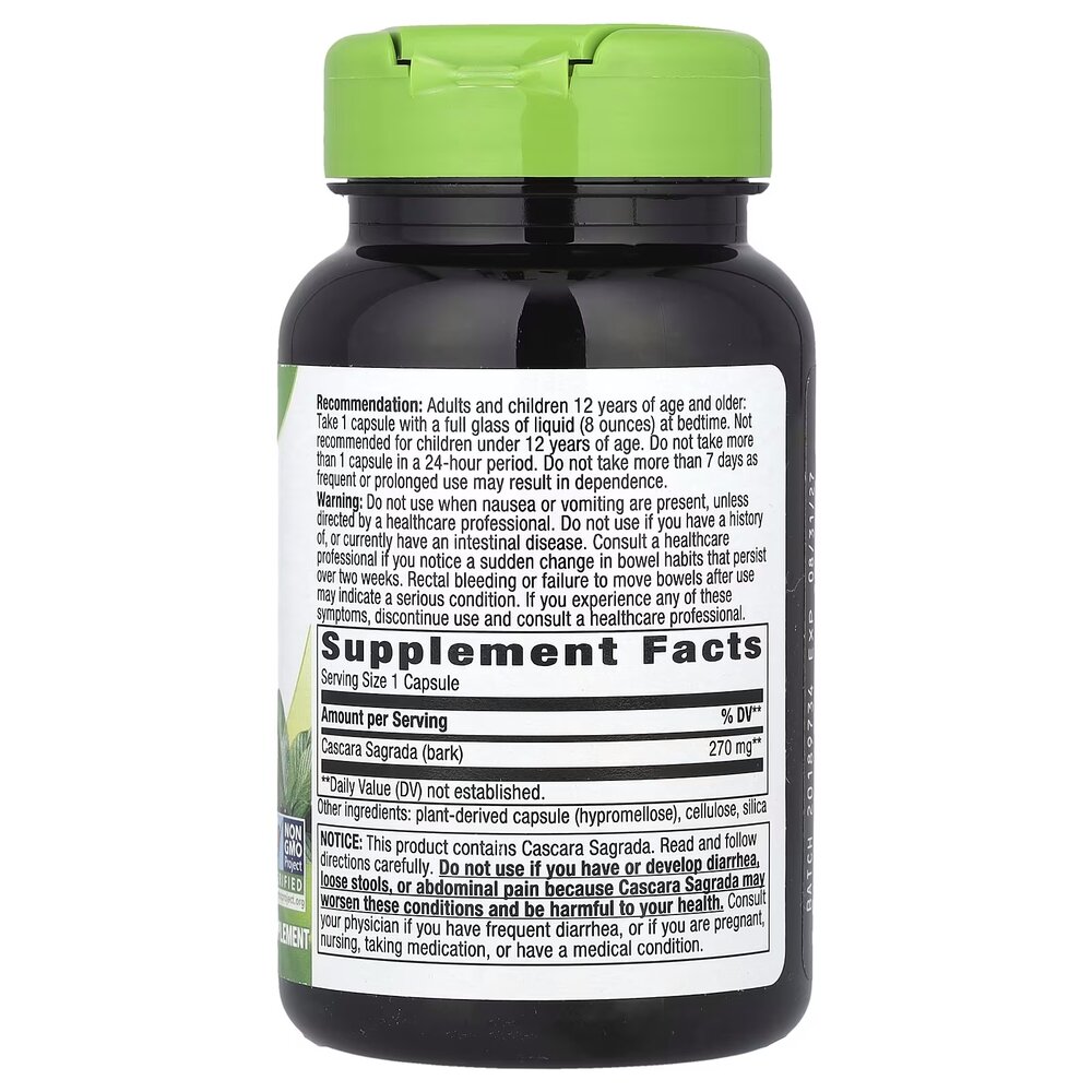 Кора каскари сагради Nature's Way Cascara Sagrada 270 mg, 100 капсул для полегшення епізодичних запорів. Фото 2