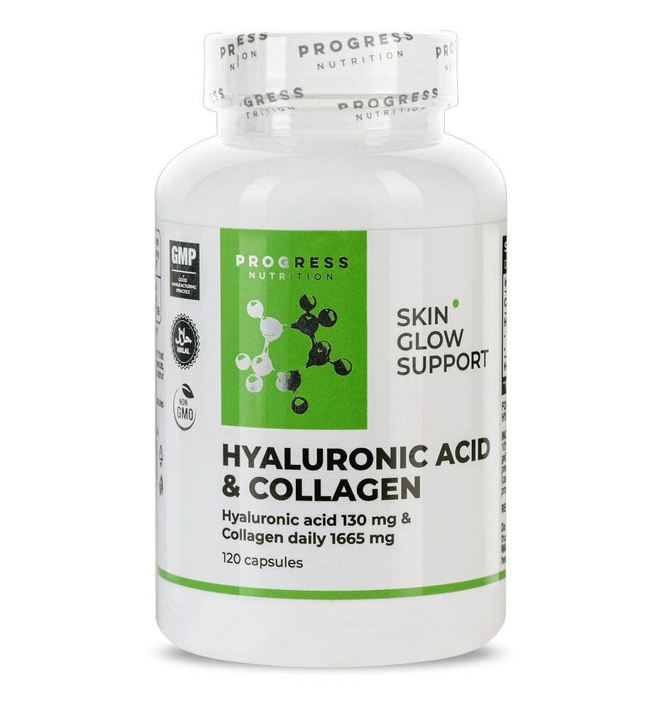 Гиалуроновая кислота и коллаген Progress Nutrition Hyaluronic acid & Collagen, 120 капсул для поддержки кожи, суставов и связок