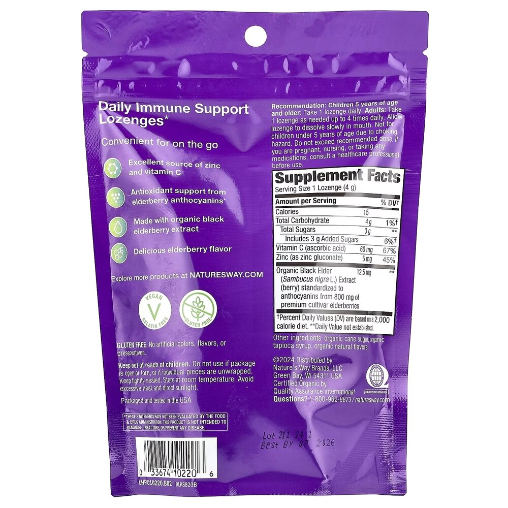 Екстракт чорної бузини, цинк і вітамін C Nature's Way Sambucus Immune Lozenges, 24 льодяники для підтримки імунної системи. Фото 2