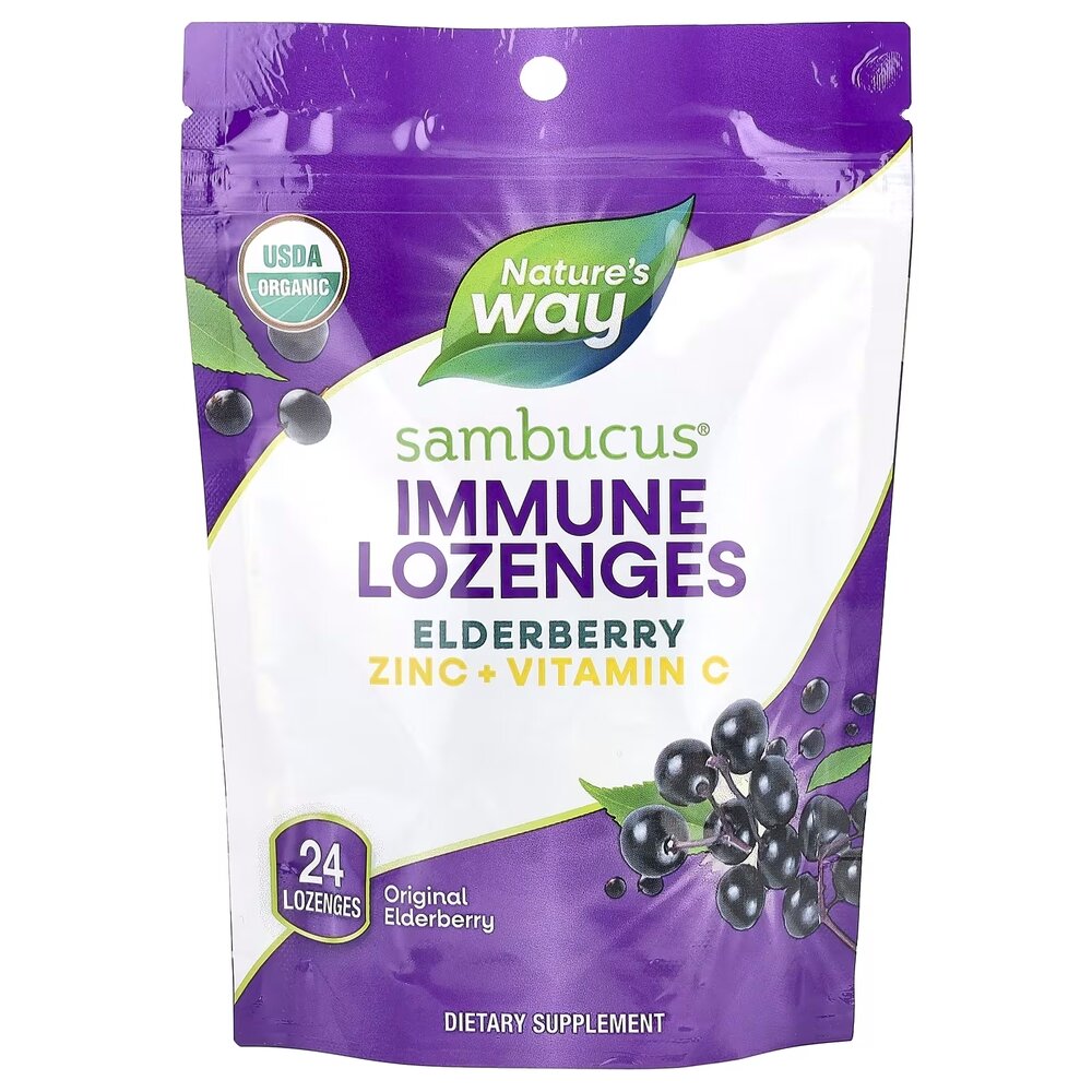 Екстракт чорної бузини, цинк і вітамін C Nature's Way Sambucus Immune Lozenges, 24 льодяники для підтримки імунної системи