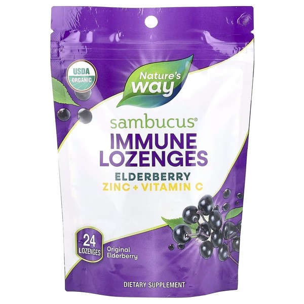 Екстракт чорної бузини, цинк і вітамін C Nature's Way Sambucus Immune Lozenges, 24 льодяники для підтримки імунної системи