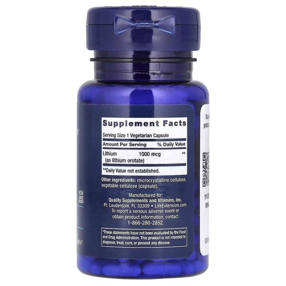 Літій оротат Life Extension Lithium 1000 mg, 100 вегакапсул для підтримки здоров'я мозку. Фото 2