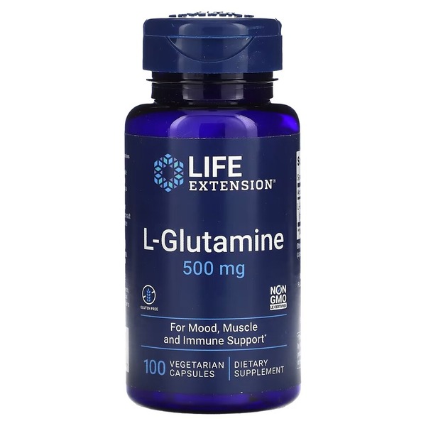 L-глютамін Life Extension L-Glutamine 500 mg, 100 вегакапсул для підтримки м'язів, кишківника, імунної системи