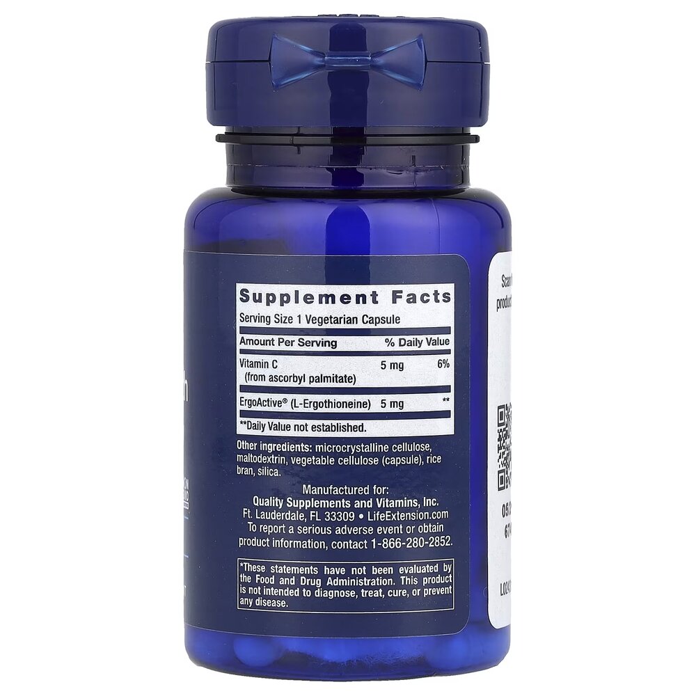 Екстракт меліси та L-теанін Life Extension Essential Youth L-Ergothioneine 5 mg, 30 вегакапсул. Фото 2