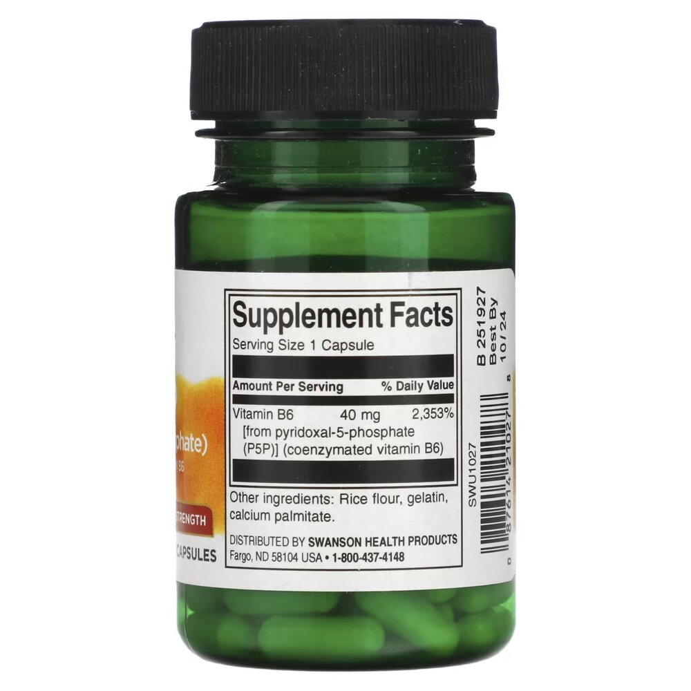 Витамин B6 Swanson P-5-P 40 mg Double Strength, 60 капсул для поддержки нервной и сердечно-сосудистой системы. Фото 2