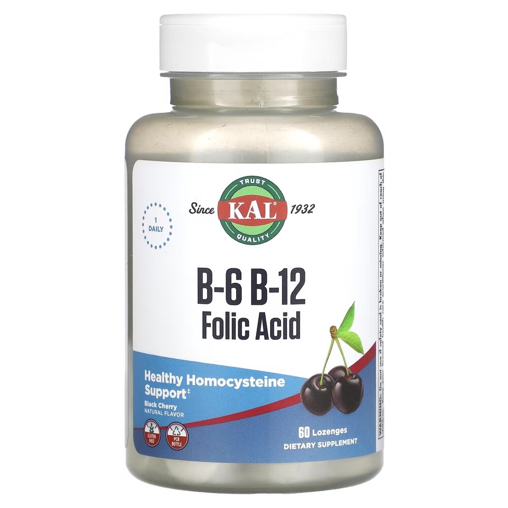 Витамины B6, B12 и фолиевая кислота KAL B-6 B-12 Folic Acid, 60 пастилок для поддержки сердечно-сосудистой системы