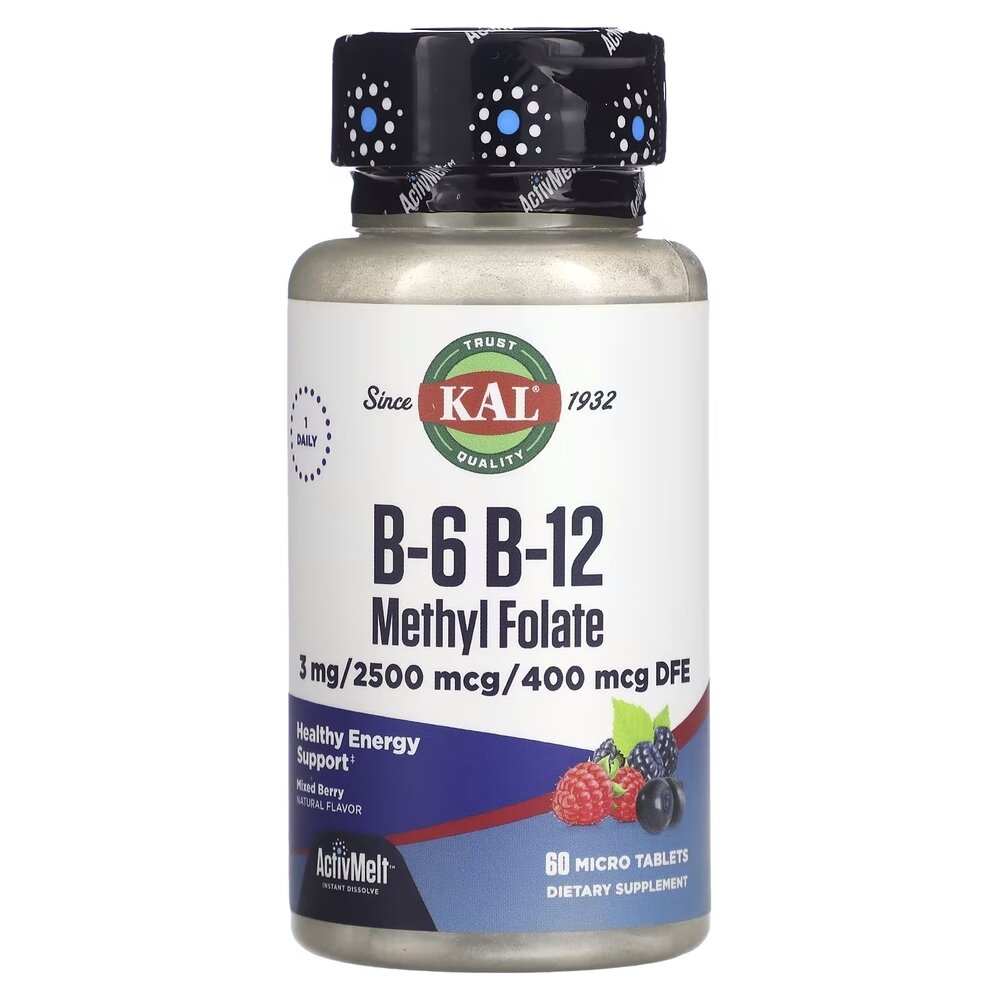 Витамины B6, B12 KAL B-6 B-12 Methyl Folate, 60 микро таблеток для поддержки сердечно-сосудистой системы