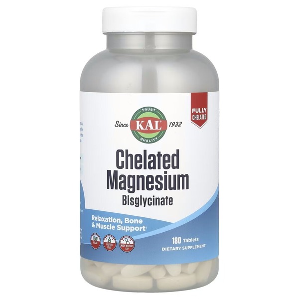 Магний бисглицинат KAL Chelated Magnesium Bisglycinate, 180 таблеток для поддержки костей, мышц и нервной системы