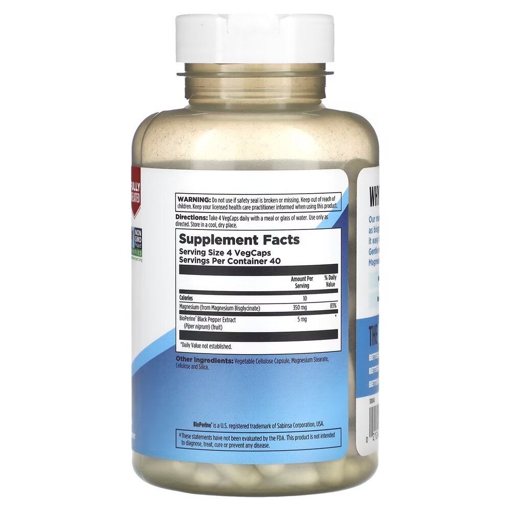 Магний глицинат KAL Magnesium Glycinate 350 mg, 160 вегакапсул для поддержки мышц, костей и нервной системы. Фото 2