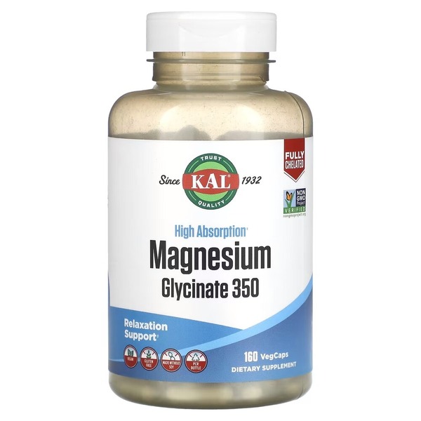 Магний глицинат KAL Magnesium Glycinate 350 mg, 160 вегакапсул для поддержки мышц, костей и нервной системы