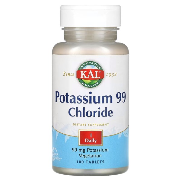 Хлорид калия KAL Potassium Chloride 99 mg, 100 таблеток для поддержки мышц и нервной системы
