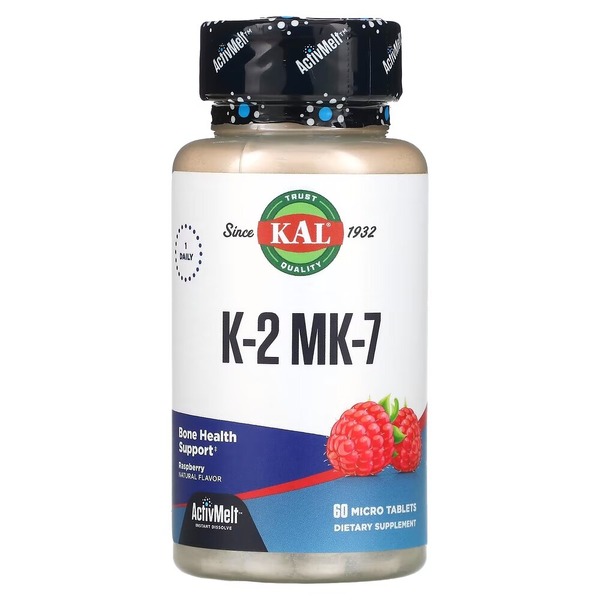 Витамин K2 в форме менахинона-7 KAL Vitamin K2 MK-7, 60 таблеток - Малина для поддержки костей и сердечно-сосудистой системы