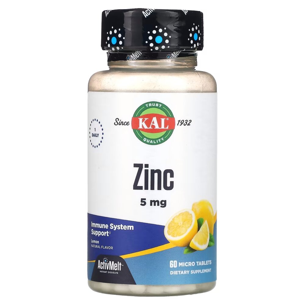 Цинк KAL Zinc 5 mg, 60 микро таблеток - Лимон для поддержки кожи, волос и ногтей