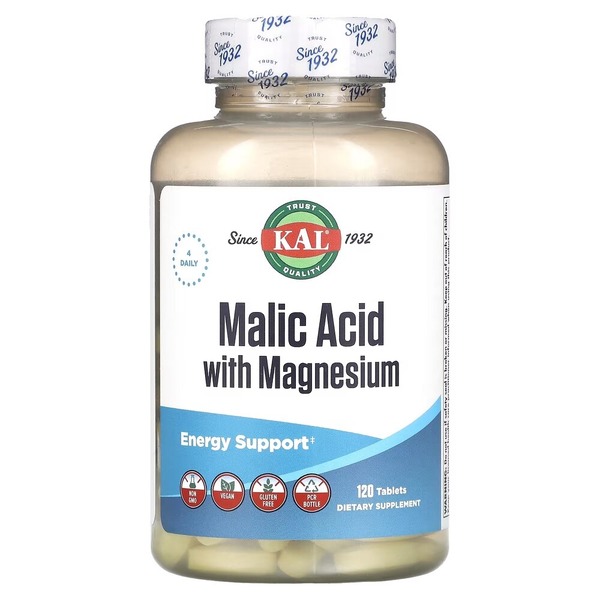 Яблочная кислота и магний KAL Malic Acid with Magnesium, 120 таблеток для поддержки мышц и нервной системы