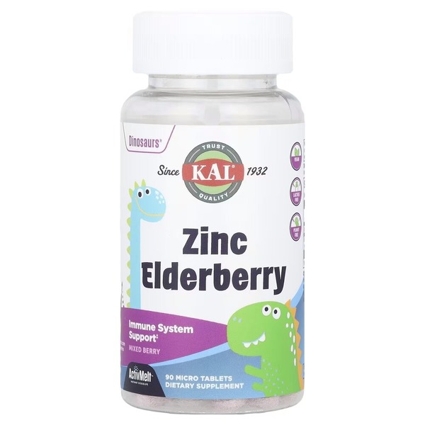 Цинк и экстракт бузины KAL Dinosaurs Zinc Elderberry, 90 таблеток для поддержки иммунной системы