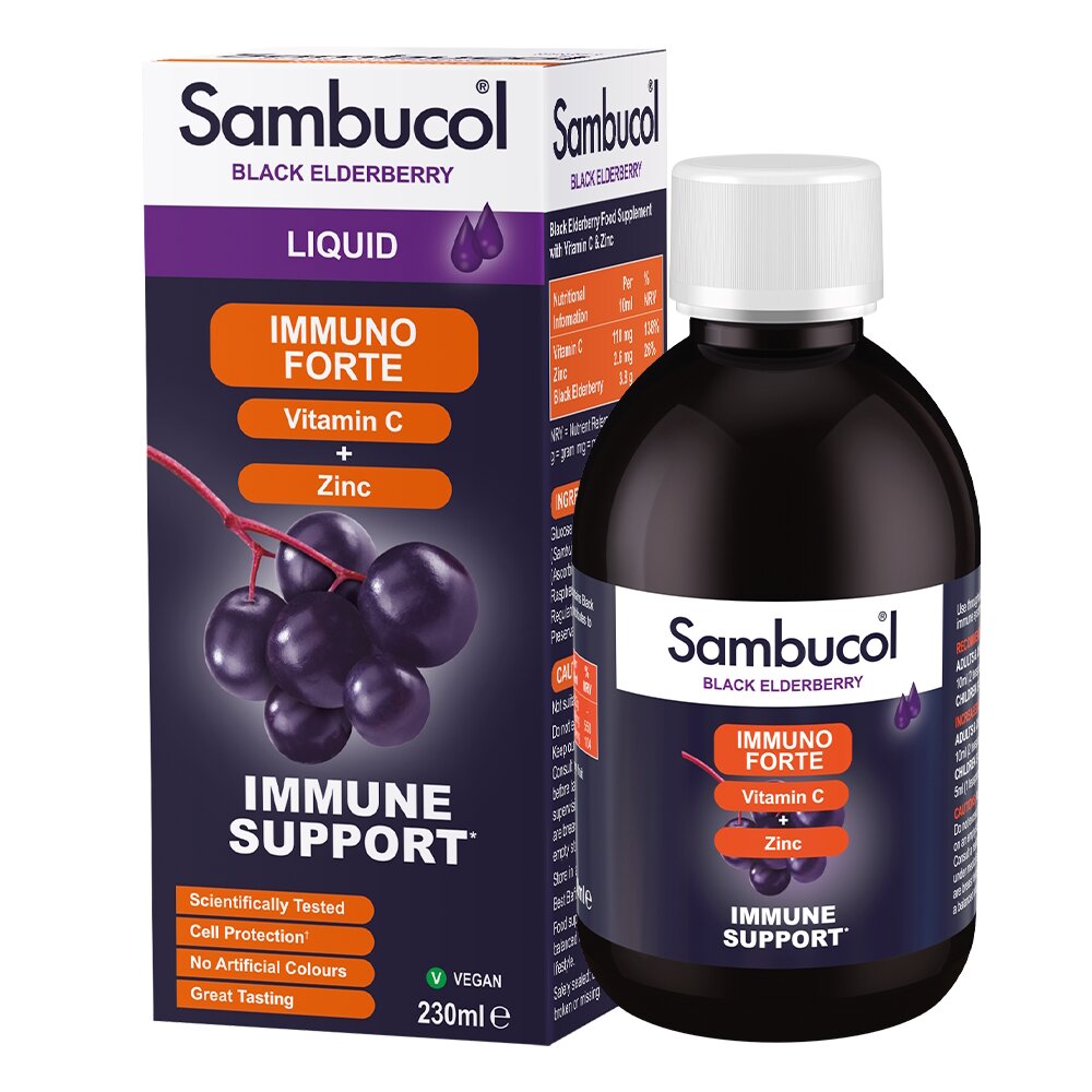 Сік чорної бузини, вітамін C і цинк Sambucol Black Elderberry Immuno Forte + Vitamin C + Zinc, 230 мл