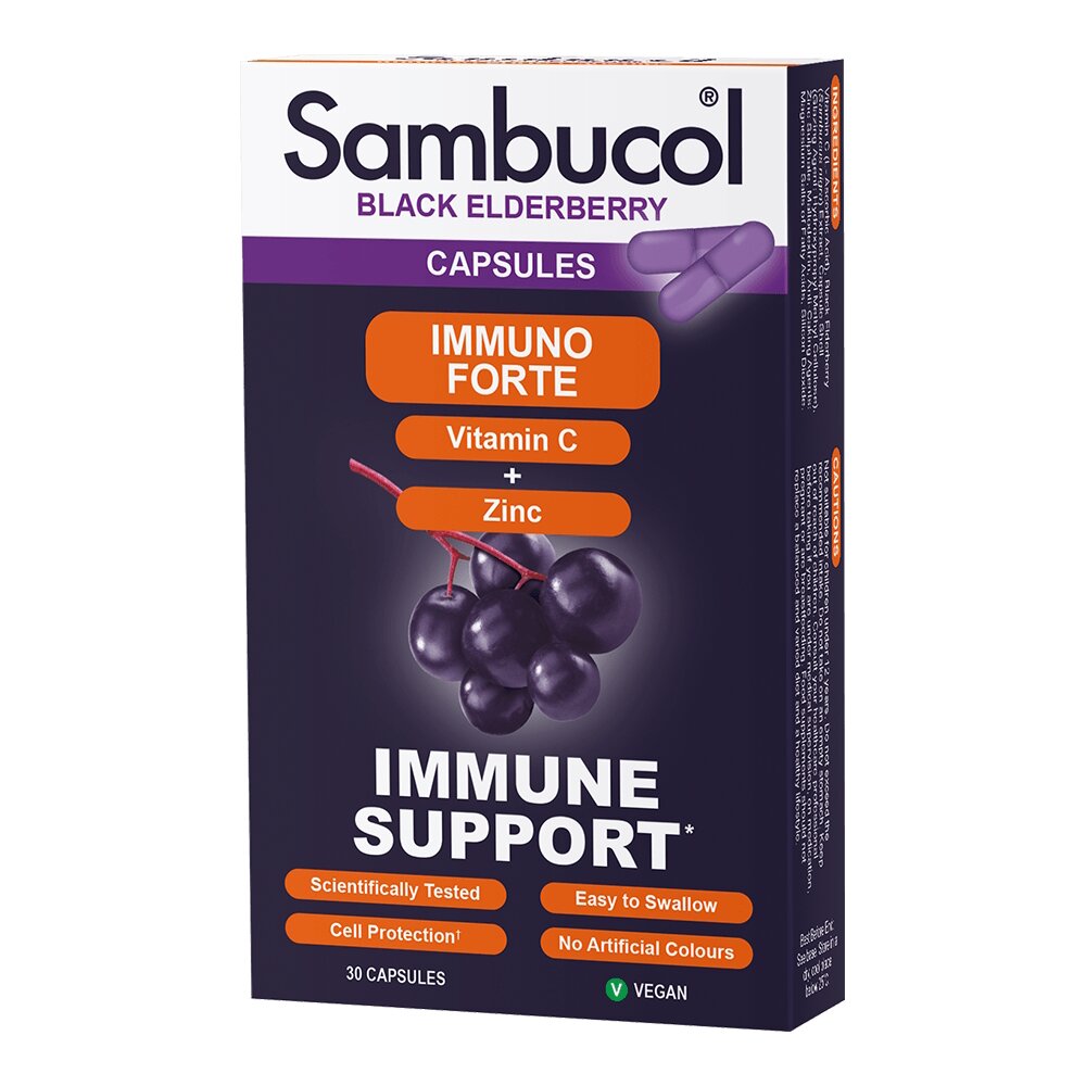 Екстракт чорної бузини, вітамін C і цинк Sambucol Black Elderberry Immuno Forte, 30 капсул для підтримки імунної системи