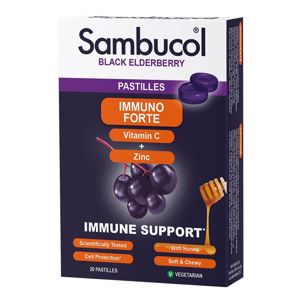 Екстракт чорної бузини, вітамін C і цинк Sambucol Black Elderberry Immuno Forte, 20 пастілок для підтримки імунної системи