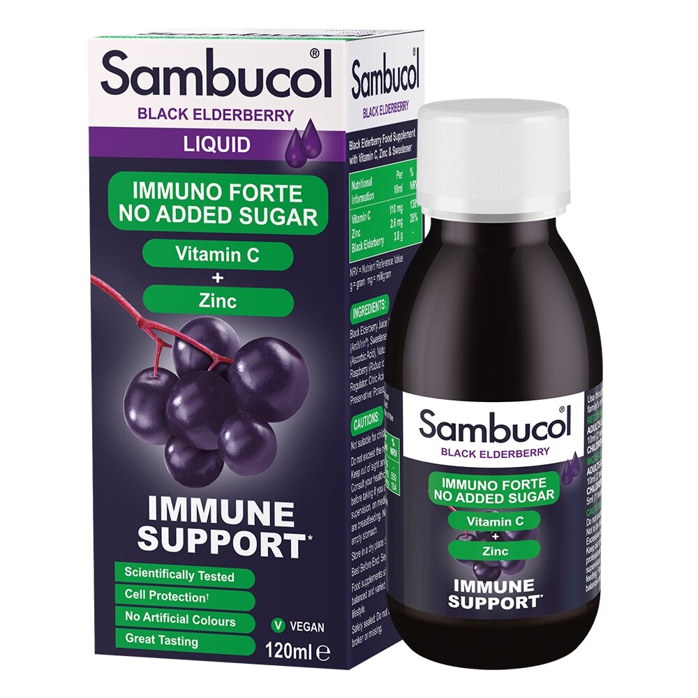 Сік чорної бузини, вітамін C і цинк Sambucol Black Elderberry Immuno Forte Sugar Free, 120 мл для підтримки імунної системи