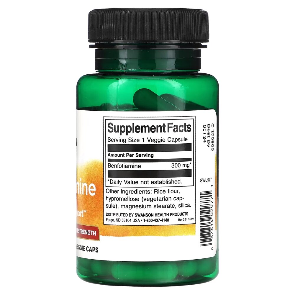 Витамин В1 Swanson Benfotiamine 300 mg Maximum Potency, 60 вегакапсул. Фото 2
