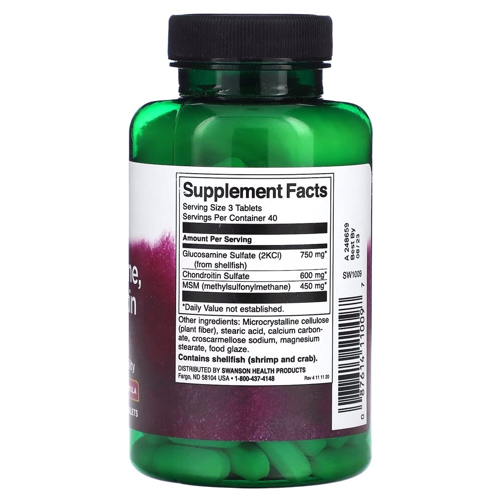 Препарат для суставов и связок Swanson Glucosamine, Chondroitin & MSM (3 per day) Highest Strength, 120 таблеток. Фото 2