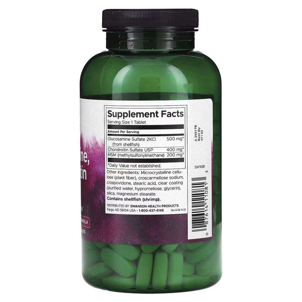 Хондропротектор Swanson Glucosamine, Chondroitin & MSM (1 per day) Highest Strength, 240 таблеток. Фото 2