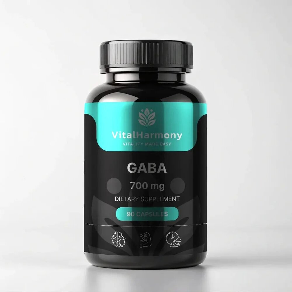 Гамма-аміномасляна кислота VitalHarmony Gaba 700 mg, 90 капсул для розслабленню та зниження стресу