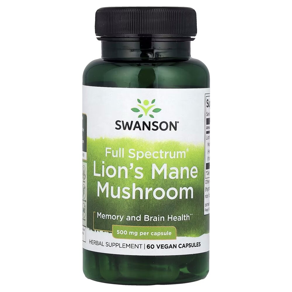 Їжовик гребінчастий Swanson Lion's Mane Mushroom 500 mg Full Spectrum, 60 капсул для підтримки когнітивної функції