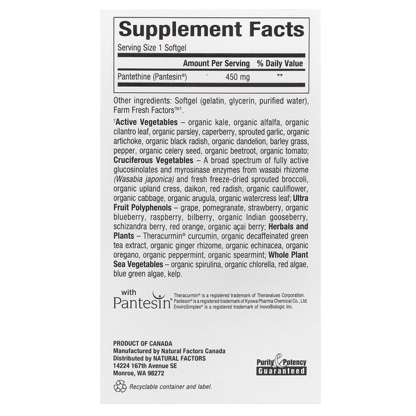 Пантетин Natural Factors BioCoenzymated Pantethine 450 mg, 60 капсул активний вітамін B5 для обміну жирів. Фото 2