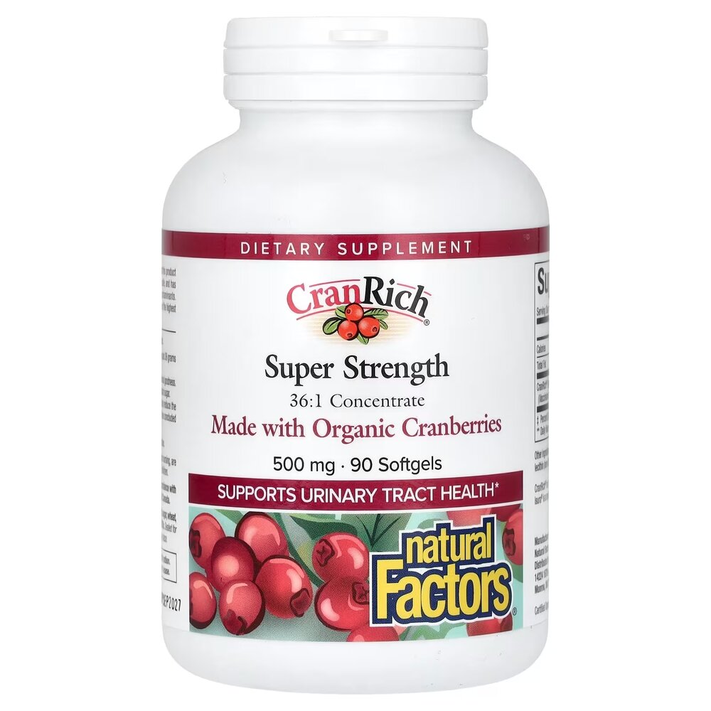 Екстракт журавлини Natural Factors CranRich Cranberry Concentrate Super Strength, 90 гелевих капсул для здоров'я сечовивідних шляхів