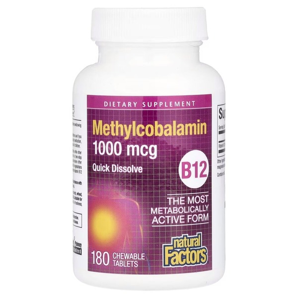 Вітамін B12 Natural Factors Methylcobalamin 1000 mcg, 180 жувальних таблеток для підтримка нервової системи. Фото 3