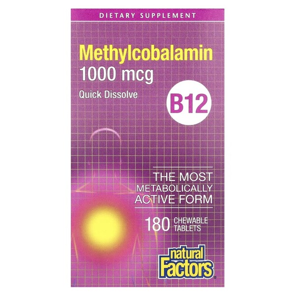 Вітамін B12 Natural Factors Methylcobalamin 1000 mcg, 180 жувальних таблеток для підтримка нервової системи