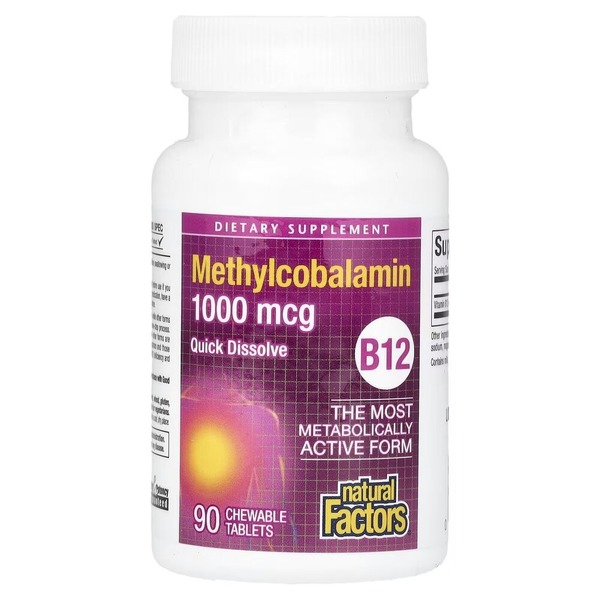 Вітамін B12 Natural Factors Methylcobalamin 1000 mcg, 90 жувальних таблеток для підтримка нервової системи. Фото 3
