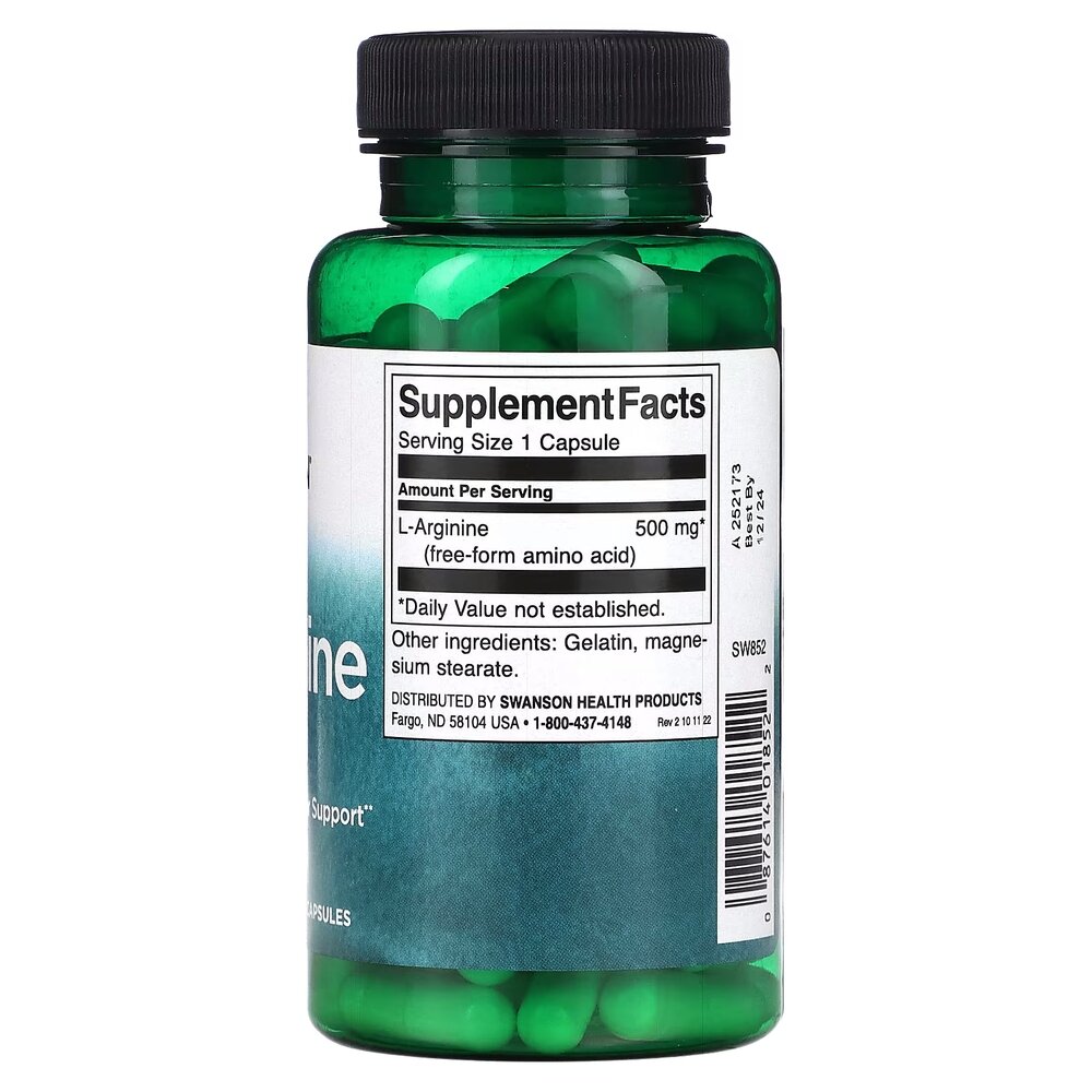 L-аргінін Swanson L-Arginine 500 mg, 100 капсул. Фото 2