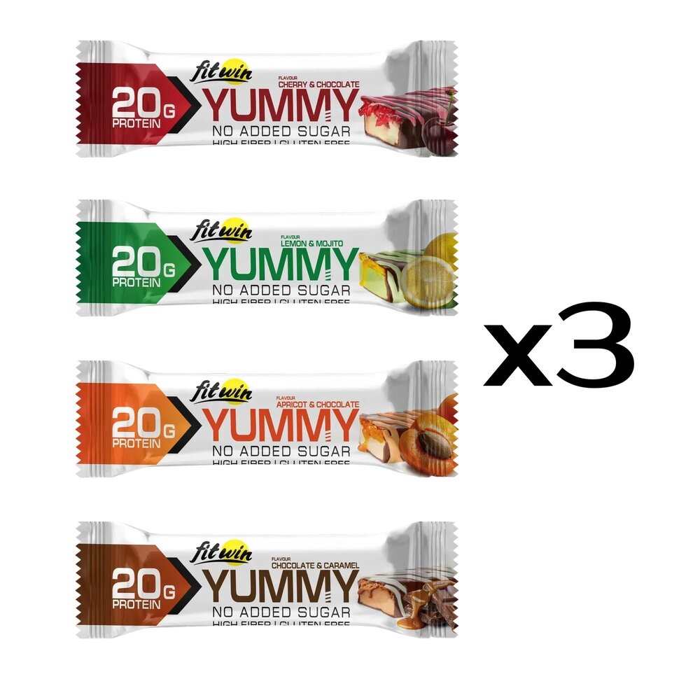 Мікс батончиків FitWin YUMMY Bar 36% no added sugar, 12*55 грам MIX