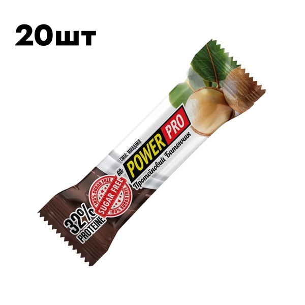 Блок батончиков Power Pro Protein Bar Nuts 32%, 20*60 грамм - Макадамия
