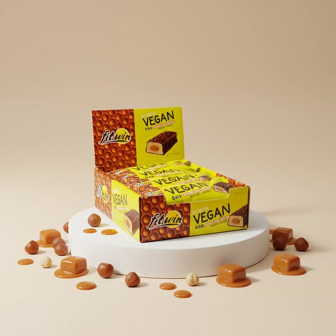 Блок веганських батончиків FitWin Vegan Bar, 12*50 грам - Карамель-фундук