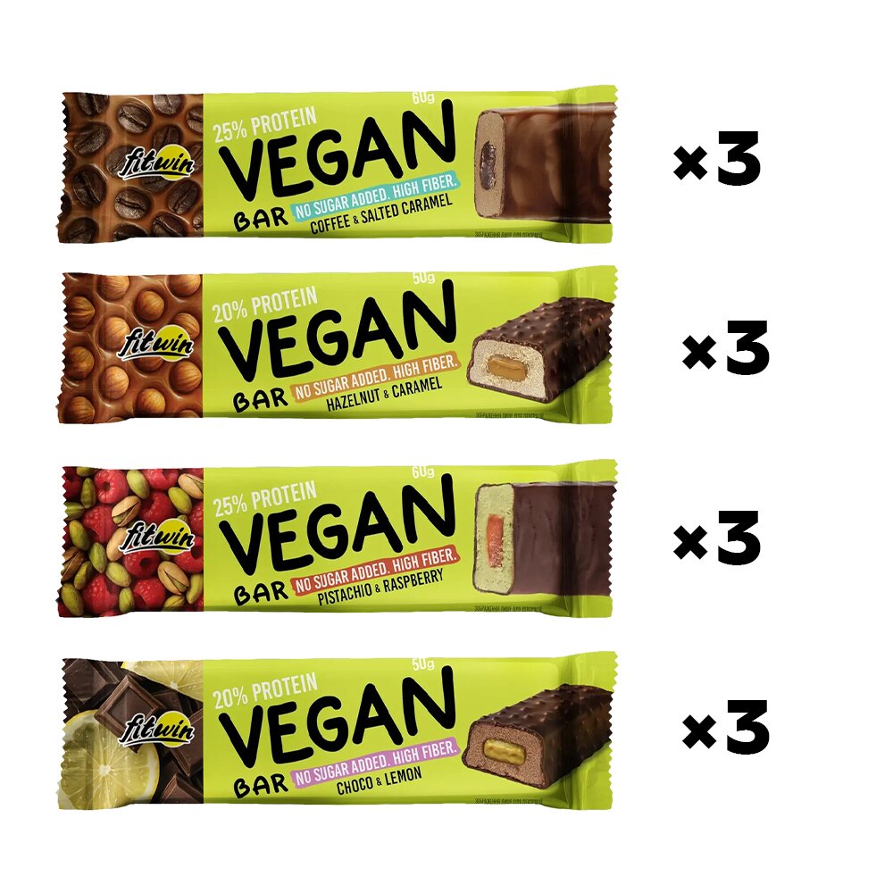 Блок батончиков FitWin Vegan Bar, 12*50 грамм - Микс