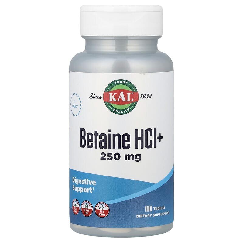 Бетаина гидрохлорид KAL Betaine HCl+ 250 mg, 100 таблеток