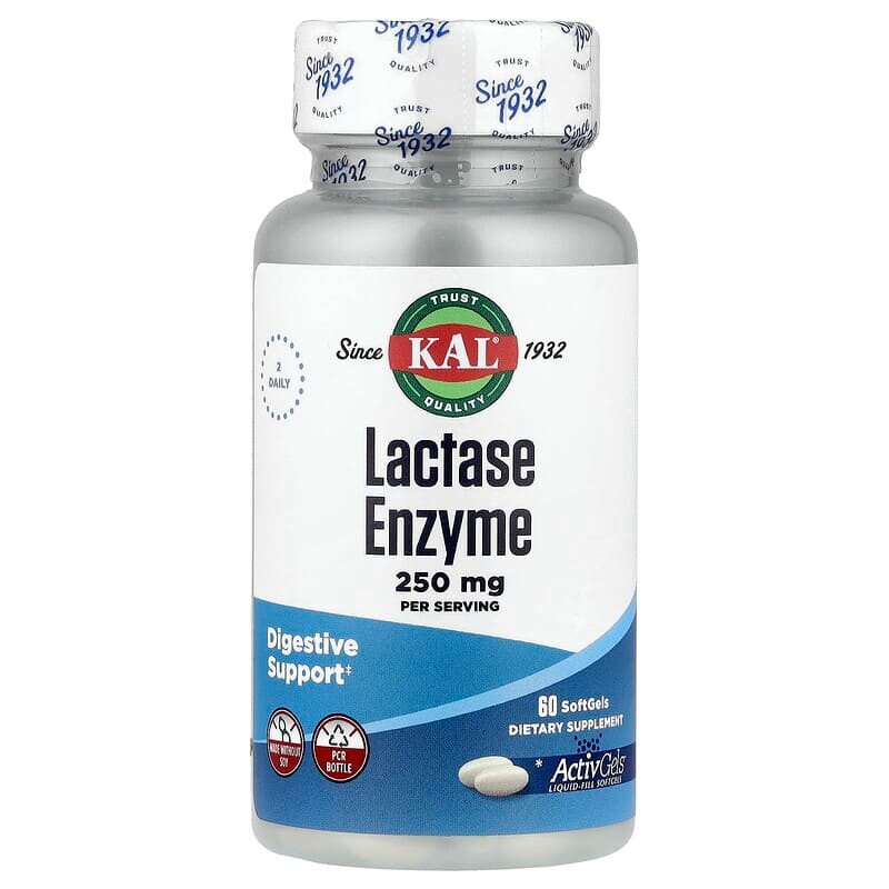 Ензіми лактази KAL Lactase Enzyme 250 mg, 60 капсул