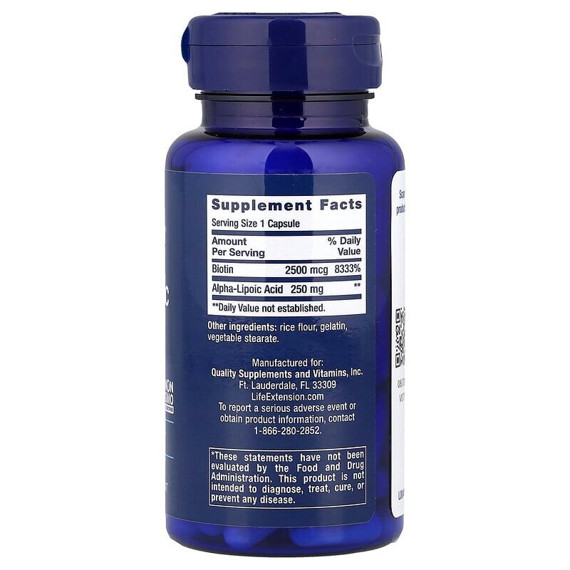 Натуральная добавка Life Extension Alpha-Lipoic Acid with Biotin, 60 капсул. Фото 2