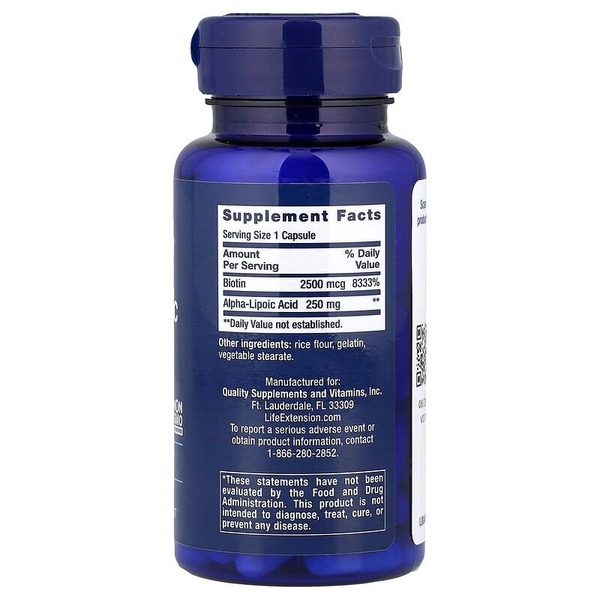 Натуральная добавка Life Extension Alpha-Lipoic Acid with Biotin, 60 капсул. Фото 2