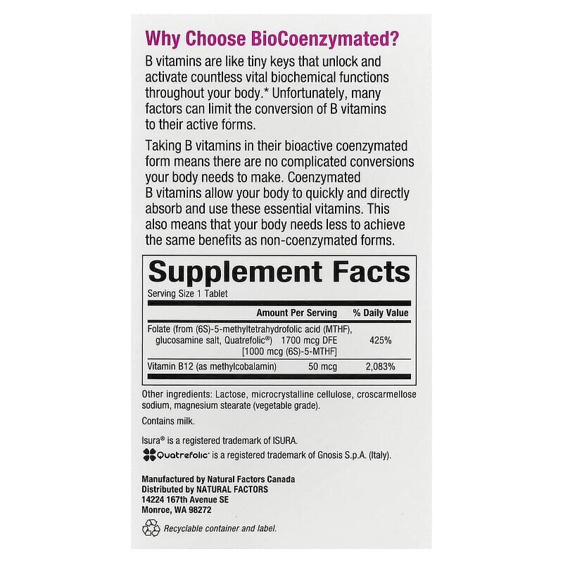 Вітаміни та мінерали Natural Factors BioCoenzymated Methylfolate 1000 mcg, 60 таблеток. Фото 3