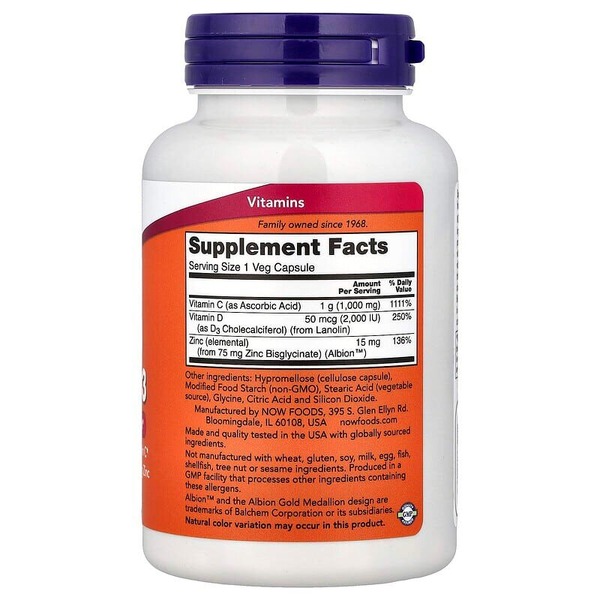 Витамины и минералы NOW Vitamin C-1000 Zinc & D-3, 100 вегакапсул. Фото 2